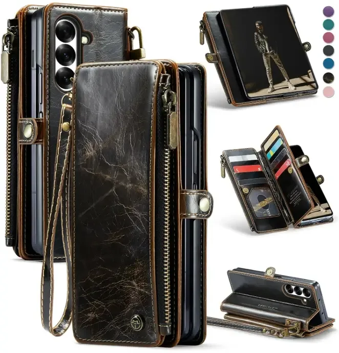 Defencase for Samsung Galaxy Z Fold 7/ Fold7 Wallet Case with RFID Blocking 10-Card Holder, Fashion Soft PU Leather Magnetic Snap Flip Zipper Wrist Strap Phone Case for Galaxy Z Fold 7 5G