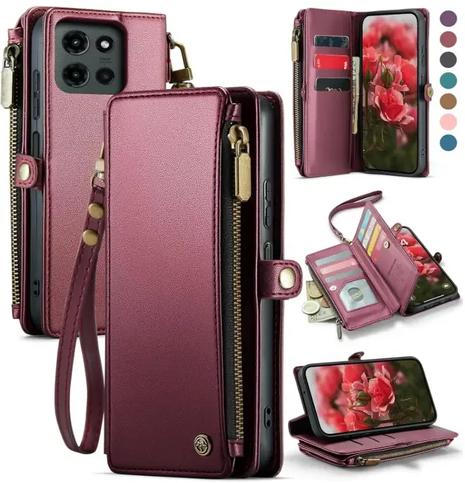 Defencase for Moto G – 2026/2025 Case, RFID Blocking Wallet Case for Motorola Moto G 5G 2025 & 2026 PU Leather Magnetic Flip Wrist Strap Zipper Card Holder Phone Cases for Women and Men