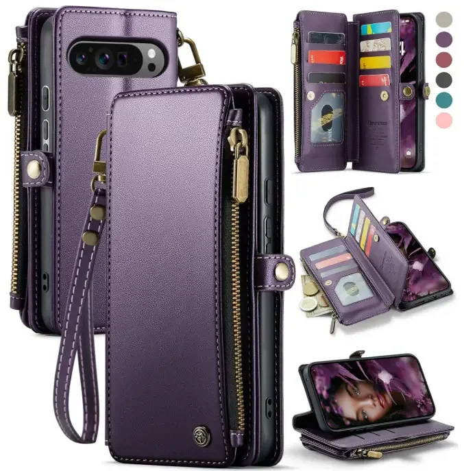 Defencase Compatible with Pixel 9 Pro XL Case, RFID Blocking Wallet Case Fit for Google Pixel 9 Pro XL 6.8″ Soft PU Leather Magnetic Snap Flip Zipper Strap Card Holder Phone Case for Women Men