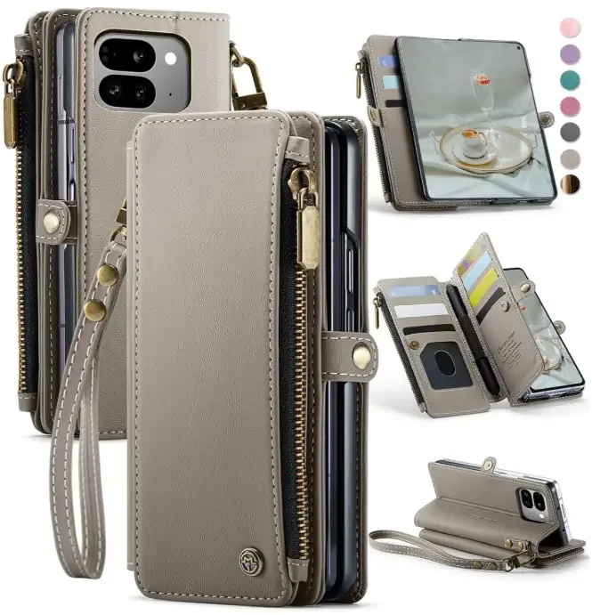 Defencase Compatible with Pixel 9 Pro Fold Case Wallet with RFID Blocking Card Holder & Pen Holder PU Leather Magnetic Snap Flip Zipper Strap Phone Case Fit for Google Pixel 9 Pro Fold