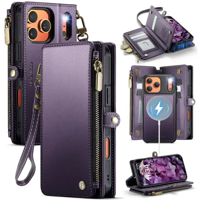 Defencase for iPhone 17 Pro Max Magnetic Wallet Case Compatible with Magsafe with RFID Blocking Zipper & Card Holder for Women Men PU Leather Strap Detachable Case for iPhone 17 Pro Max 6.9″