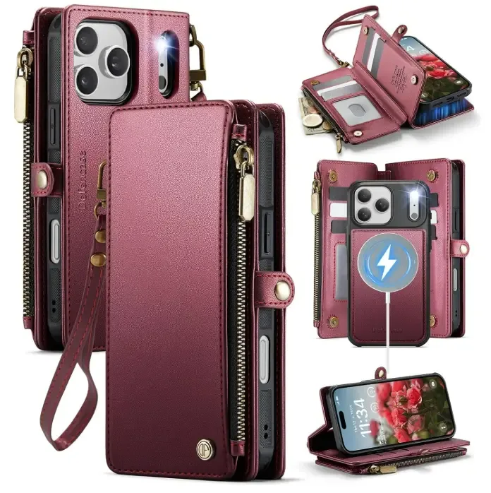 Defencase for iPhone 17 Pro Magnetic Wallet Case Compatible with Magsafe with RFID Blocking Zipper & Card Holder for Women Men PU Leather Strap Detachable Case for iPhone 17 Pro (6.3 inch)