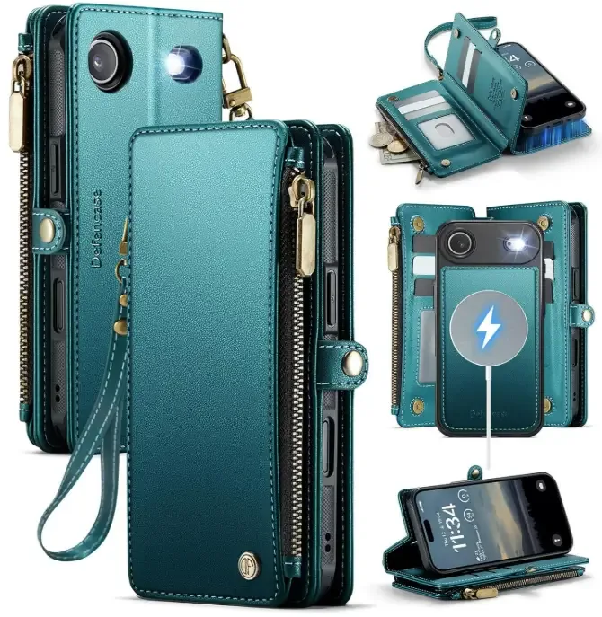 Defencase for iPhone Air Magnetic Wallet Case Compatible with Magsafe with RFID Blocking Zipper & Card Holder for Women Men PU Leather Strap Detachable Case for iPhone 17 Air (6.5 inch)