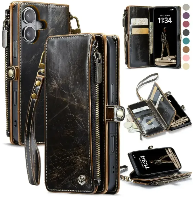 Defencase Compatible with iPhone 16 Case Wallet with RFID Blocking Card Holder for Women and Men, Fashion PU Leather Magnetic Snap Flip Zipper Strap Wallet Phone Case for iPhone 16 6.1″