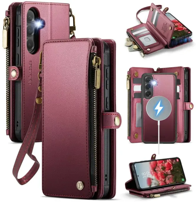 Defencase for Galaxy S25 FE Magnetic Wallet Case Compatible with Magsafe RFID Blocking Zipper Card Holder for Women Men PU Leather Strap Detachable Case for Samsung Galaxy S25 FE 6.7″